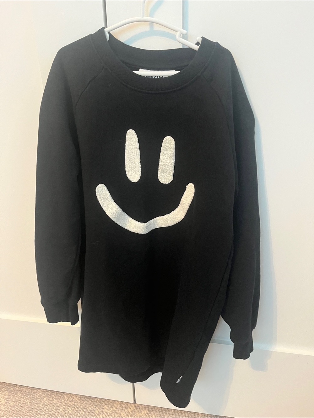 Molo Black Sweatshirt Dress with White Smiley Graphic
